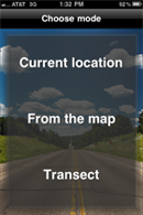 Screen of Choose mode page with the options Current location, from the map, and transect. On a background of a road with a blue sky and clouds.