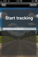 Mobile app screen of a page with the title start tracking and a gray box that says previous accidents.  On a background of a road with a blue sky and clouds.