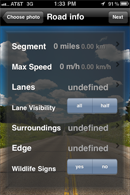 Mobile app screen titled road info. A cloumn of 7 options. The first titled segment with miles. The second titled Max speed with options for miles per hour. The third is Lanes with the option set as undefined. The fourth is Lane Visibility with two blue buttons one option all the second option half. The fifth is Surroundings set to undefined. The sixth is Edge set to undefined. The seventh is widlife signs with options yes or no. On a background of a road with a blue sky and clouds