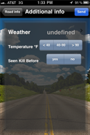 App screen titled Additional info with options for weather, temperature, and seen kill before.